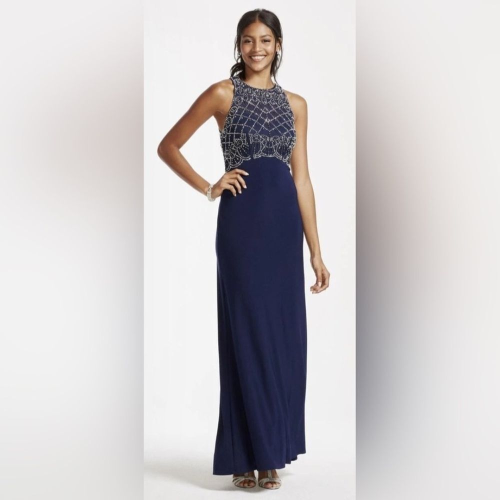 Jackie Jon Navy Beaded Maxi Dress 10 - Silver Embellished Sleeveless Gown